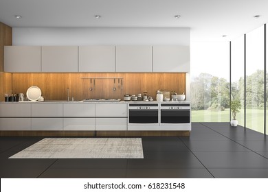 3d Rendering Nice View Wood Kitchen With Black Tile