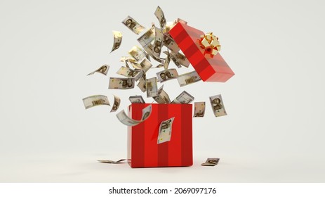 3D rendering of A lot of Nigerian Naira notes coming out of an opened red gift box - Powered by Shutterstock