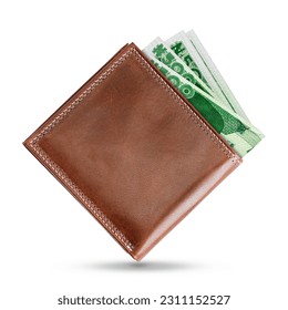 3D rendering of Nigerian naira notes in a brown leather men’s wallet. Nigerian naira in wallet