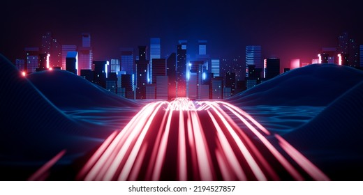 3d rendering night cityscape and light trail   wireframe hill  Abstract technology background illustration 