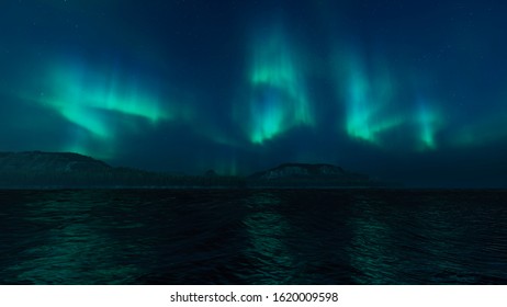 3D rendering of  night sky with Aurora borealis.beautiful mountains