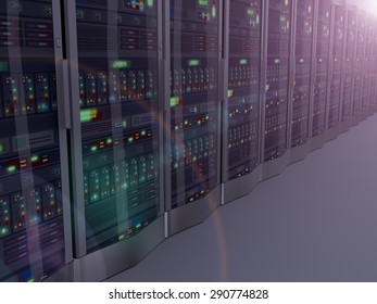 3d Rendering Of Night Vision Of Rows Of Powerful Computer Network Servers System Machine