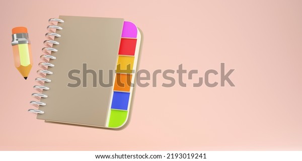3d rendering of Notebook with colorful
index with classic pencil on pastel
background