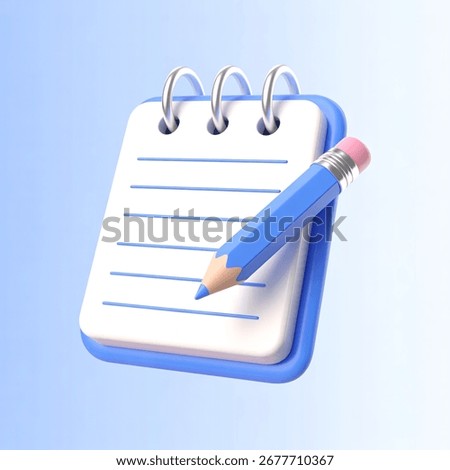 A 3D rendering of a notepad with lines and a blue pencil on a light blue background.