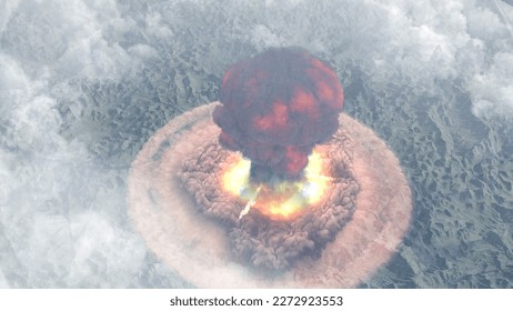 3d rendering, Nuclear explosion with large shockwave on green wide landscape, 
nuclear war or World War III, 
