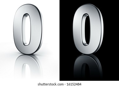 3d Rendering Of The Number 0 In Brushed Metal On A White And Black Reflective Floor.