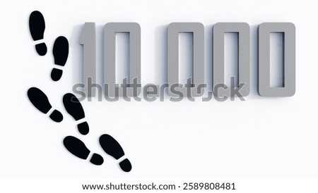 A 3d rendering of the number "10.000" and the footprints, suggesting a journey or a milestone reached. The visual representation of movement or steps.