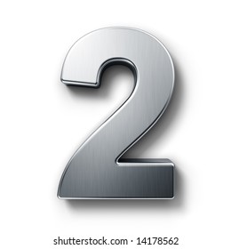 3d Rendering Of The Number 2 In Brushed Metal On A White Isolated Background.