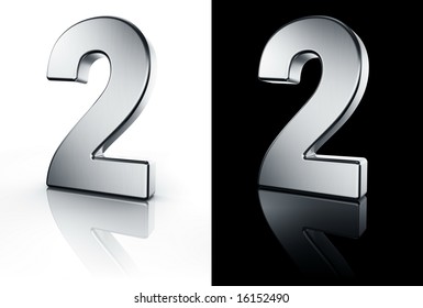 3d Rendering Of The Number 2 In Brushed Metal On A White And Black Reflective Floor.