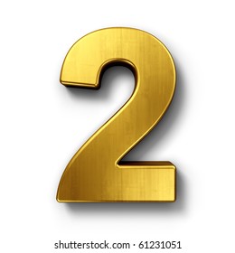 3d Rendering Of The Number 2 In Gold Metal On A White Isolated Background.