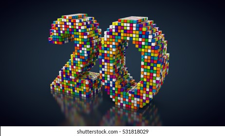3D Rendering: Number 20 Made Out Of Colorful Cubes On Blue Background