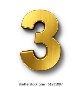 3d rendering of the number 3 in gold metal on a white isolated background.