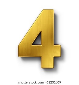 3d Rendering Of The Number 4 In Gold Metal On A White Isolated Background.