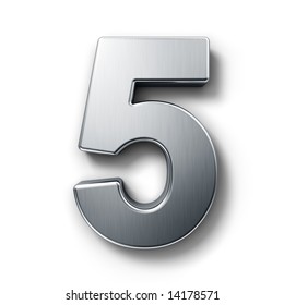 3d Rendering Of The Number 5 In Brushed Metal On A White Isolated Background.