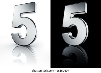 3d Rendering Of The Number 5 In Brushed Metal On A White And Black Reflective Floor.