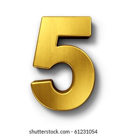 3d Rendering Of The Number 5 In Gold Metal On A White Isolated Background.