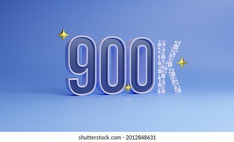3D rendering Number 900K, meaning ninety thousand, on blue background. Holiday Party Decoration, 900k followers or likes, social media, or postcard concept.