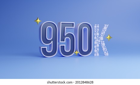 3D rendering Number 950K, meaning nine hundred fifty thousand, on blue background. Holiday Party Decoration, 950k followers or likes, social media, or postcard concept.