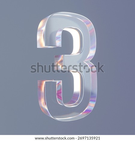 3D rendering number three with iridescent gradient glass material