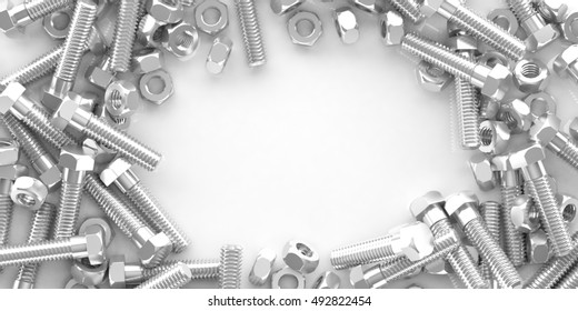 3d rendering nuts and bolts on white background with copy space