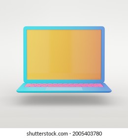 3D rendering object. Colorful blue laptop with yellow screen and pink keyboard isolated white background. Clipping path image.