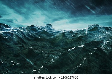 3D rendering Ocean wave with storm . Closeup view .