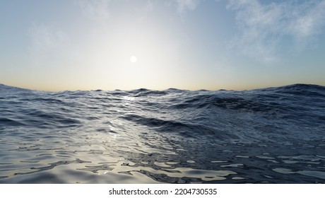 3D rendering the ocean wave at the sunset time
