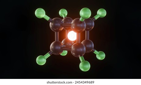 Representación 3d de la molécula de Octafluorocubane o perfluorocuban, molécula en forma de cubo puede contener un solo electrón