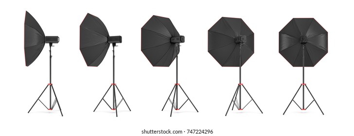 3d Rendering Of An Octobox Lighting Set On A Stand In Different Angles. Professional Studio Lighting. Photography Equipment. Light Dispersion Tools.