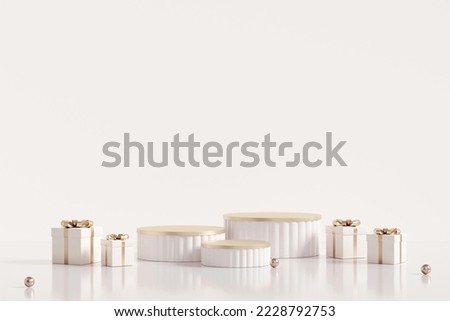 3D rendering off white gold product display stands with gift boxes on white wall background. Minimal realistic luxury Christmas, winter or cosmetic sale presentation scene. 
