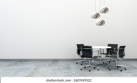 3d Rendering Of Office Chairs With Round Table On The Concrete Floor Decorated With Ceiling Lamps. Office Furniture With Copy Space. Small Meeting Area. 