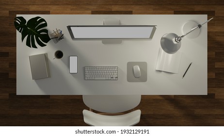 3D rendering, office desk with computer, smartphone, stationery, lamp, accessories and plant pot in home office room, 3D illustration