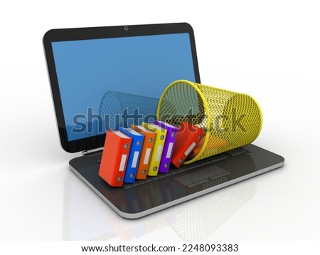 3d rendering office document Binder in bin with laptop