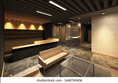 3d Rendering Of An Office Entrance Lobby With Waiting Lounge And Secretary Counter. Sash Wooden Claddings, White Brick Wall And Grey Marble On The Ground. 