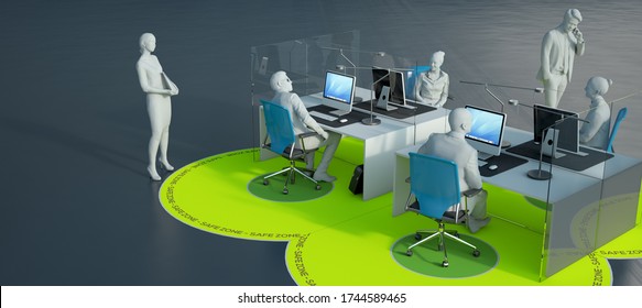 3D Rendering Of An Office Interior With Social Distancing Safety Measures