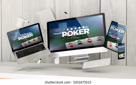 3d rendering of office stuff floating showing poker online website - Powered by Shutterstock