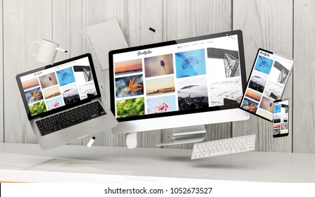 3d Rendering Of Office Stuff Floating Showing Digital Portfolio Website Website Home