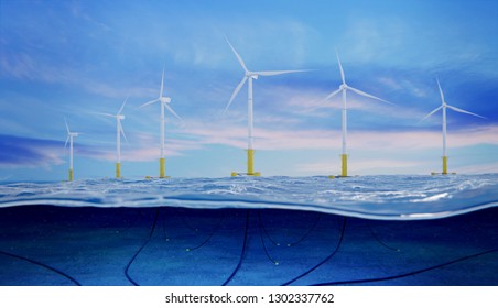 3d Rendering Of An Offshore Wind Farm With View Of Submarine Cables