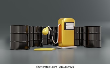 3D Rendering Of Oil Barrel And Fuel Pump Nozzle Concept Of Commodity Oil Stock Price Financial. 3D Render Illustration Cartoon Style.