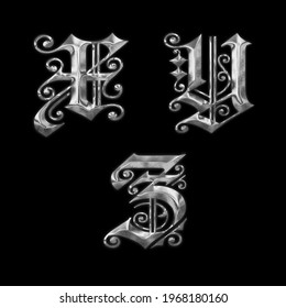 3D Rendering Of Old Gothic Metal Capital Letter Alphabet - Letters X-Z