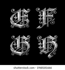 3D Rendering Of Old Gothic Metal Capital Letter Alphabet - Letters E-H