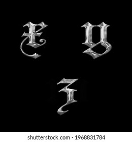 3D Rendering Of Old Gothic Metal Lowercase Alphabet - Letters X-z