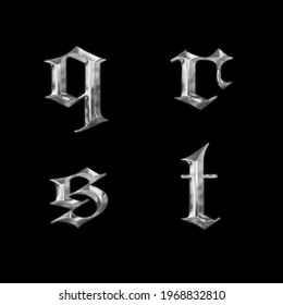 3D Rendering Of Old Gothic Metal Lowercase Alphabet - Letters Q-t