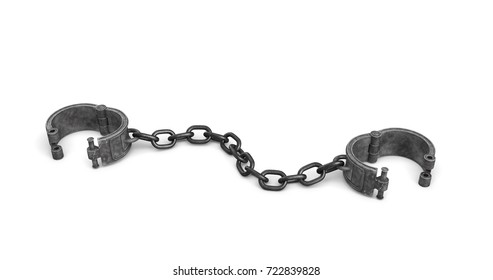 3d rendering of old iron arm shackles on a chain lying open on white background. Loss of restrictions. Fight for freedom. Unleashed force.
