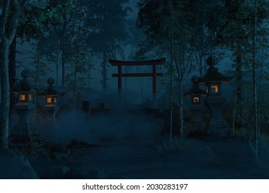 3d rendering of an old japanese shrine with torii gate and stone lantern at night