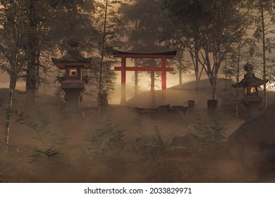 3d rendering of an old japanese shrine with torii gate and stone lantern in the evening light