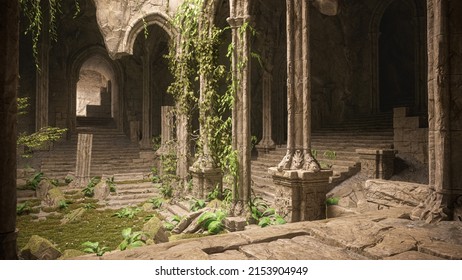 3D rendering of an old medieval fantasy gothic temple ruin built in a mountain cave.