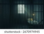 3D Rendering of old prison cell with lighting behind the bars. Artist-Created, not AI-generated