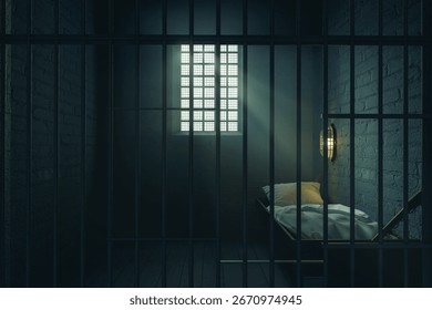 3D Rendering of old prison cell with lighting behind the bars. Artist-Created, not AI-generated
