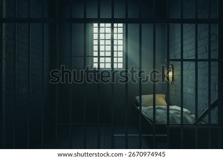 3D Rendering of old prison cell with lighting behind the bars. Artist-Created, not AI-generated